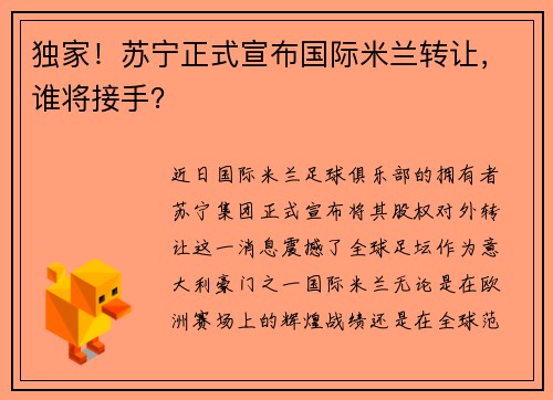 独家！苏宁正式宣布国际米兰转让，谁将接手？