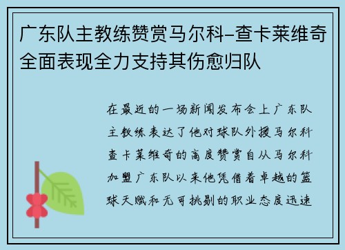 广东队主教练赞赏马尔科-查卡莱维奇全面表现全力支持其伤愈归队